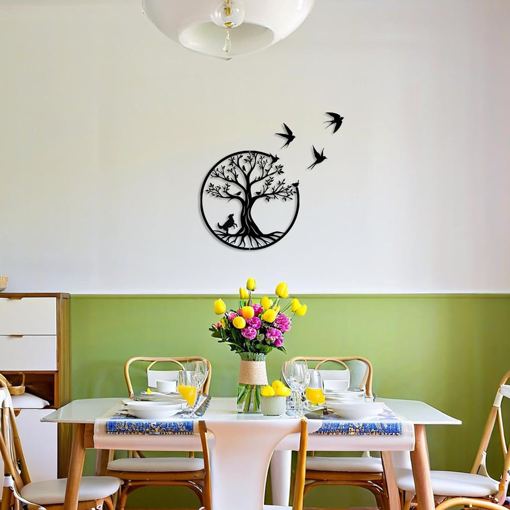 lyyochinn Tree of life metal wall art with 3 free flying birds wall decor,Outdoor Garden Porch Metal Birds Wall Hanging Sculpture for Father's Day Present or Housewarming Gift(13inch)