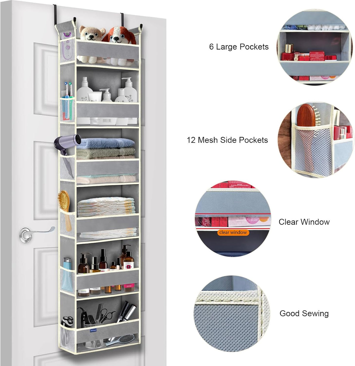 Over The Door Organizer 6-Shelves and 12 Side Pockets, Over The Door Storage for Bathroom Bedroom Nursery, Hanging Door Organizers for Baby Diapers and Kids Toys (13"x5"x54", Grey)