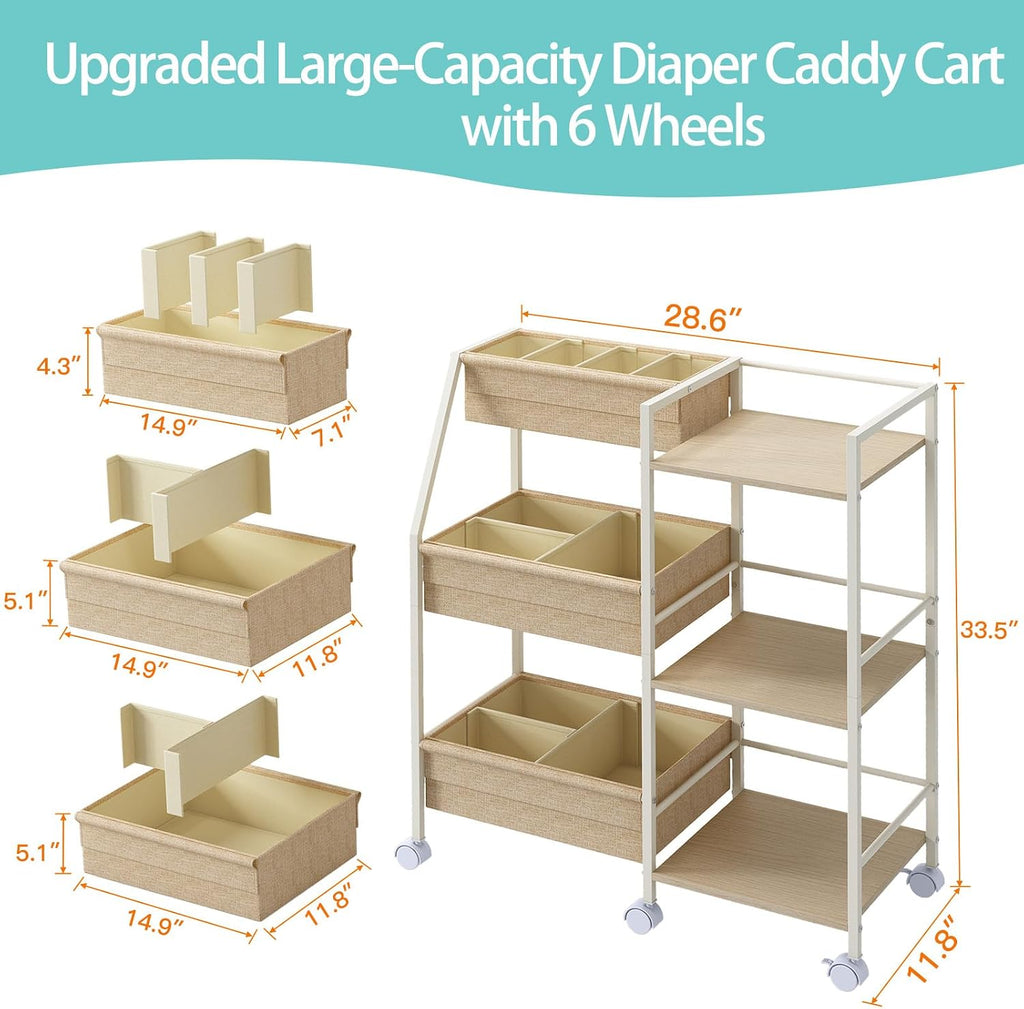 Baby Diaper Caddy Organizer Cart, 3‑Tier Rolling Storage Cart