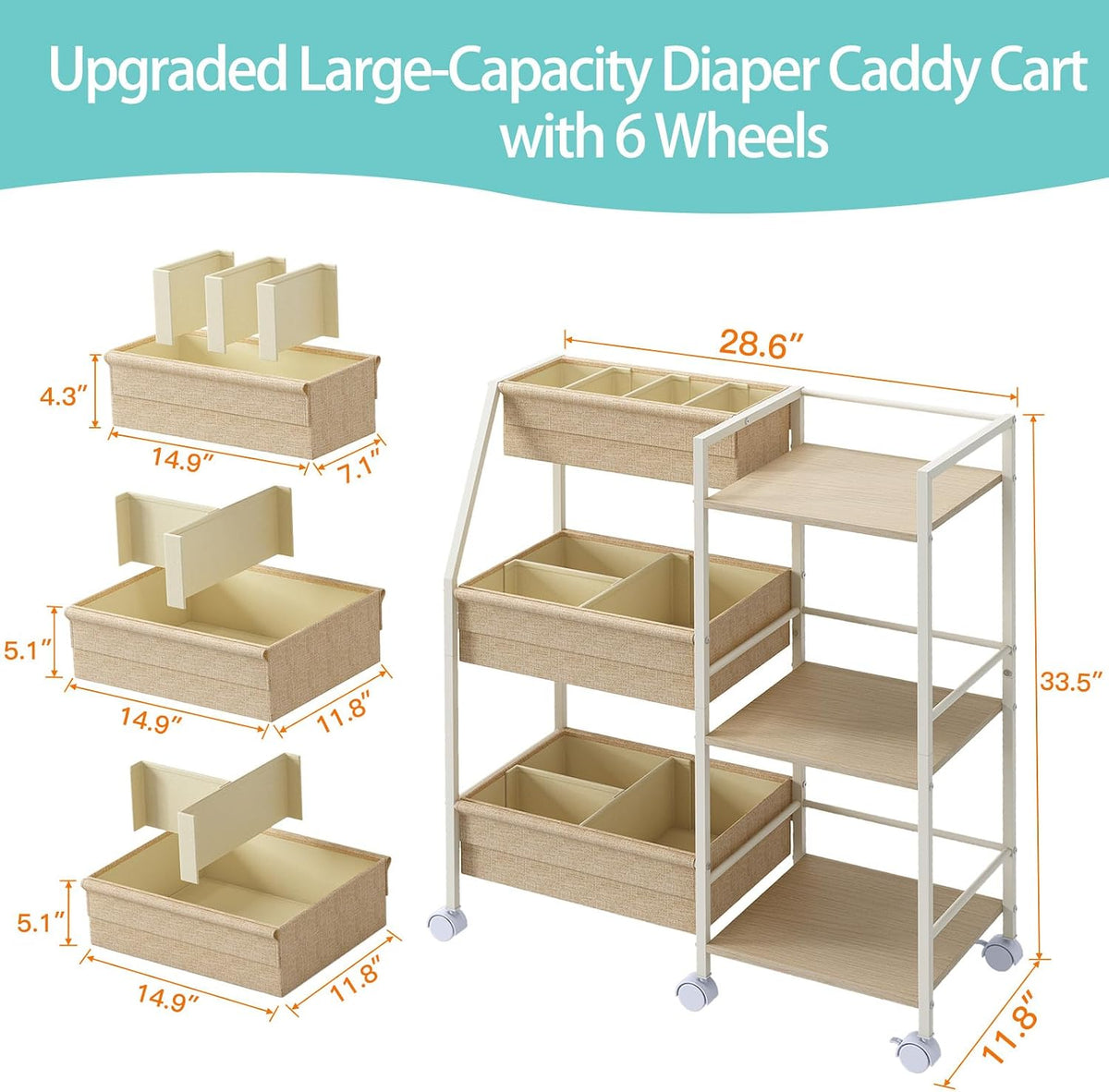 Baby Diaper Caddy Organizer Cart, 3‑Tier Rolling Storage Cart