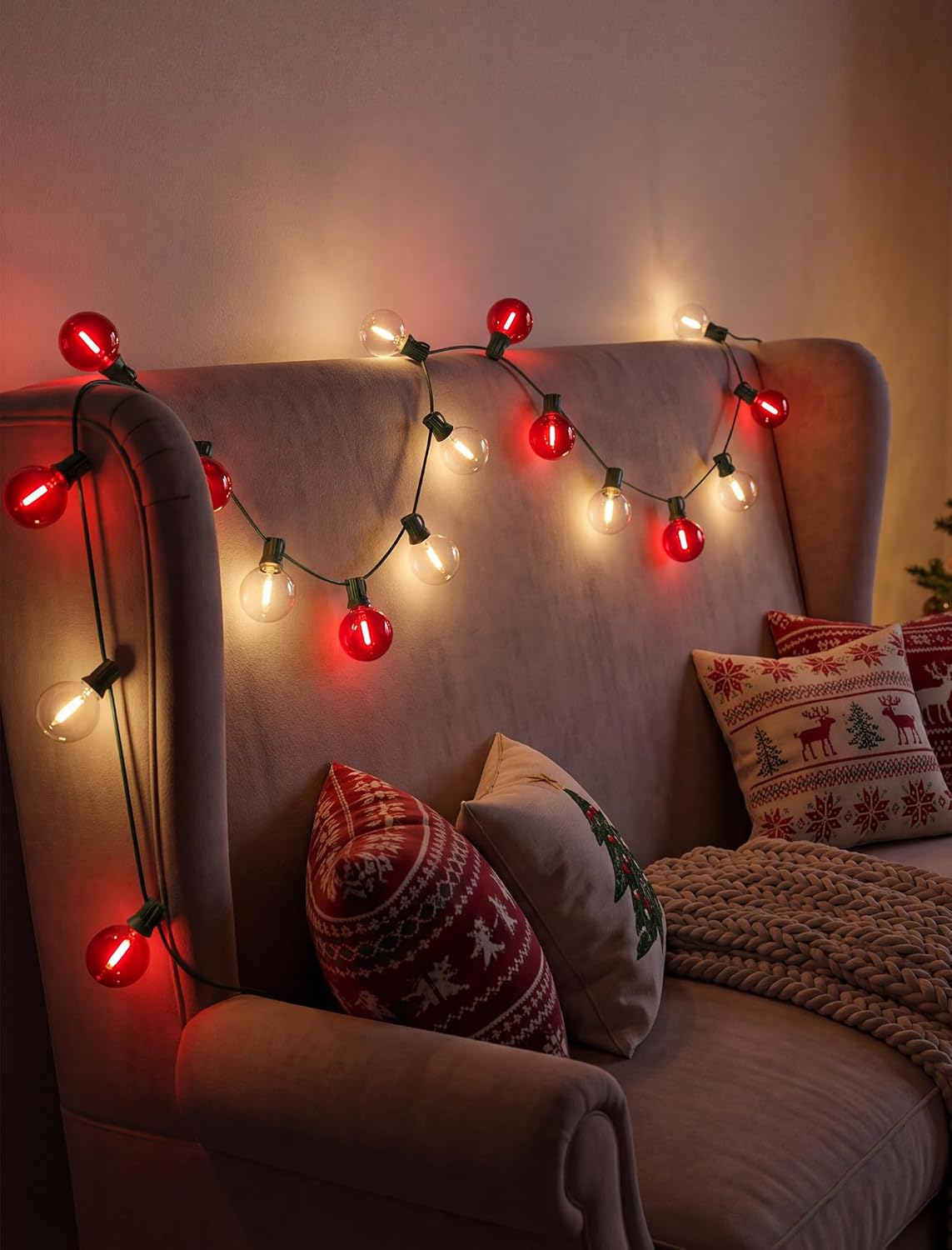 50FT LED G40 Red and White Christmas String Lights Outdoor, 27 Globe Bulbs
