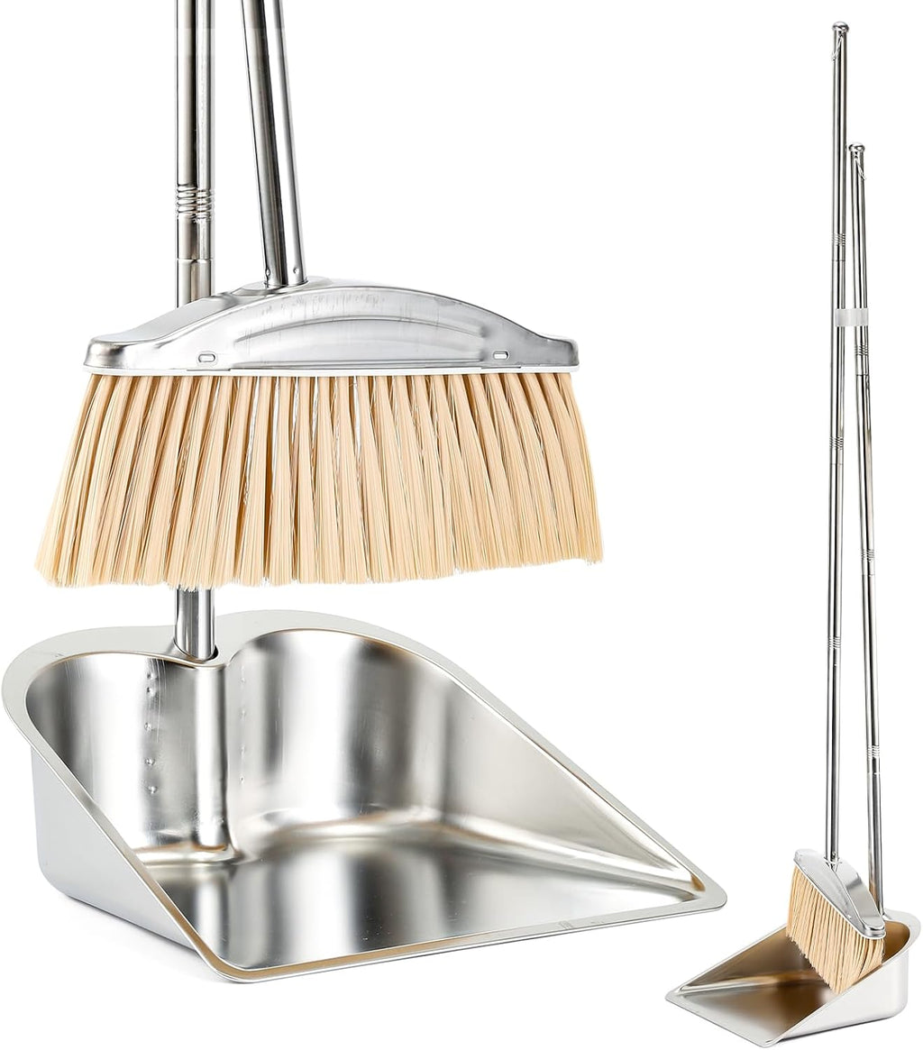 Broom with Dustpan Combo Set, 46" Stainless Steel Broom and Dustpan Set for Home, Heavy Duty Dust Pan with Long Handle, Broom for Sweeping Indoor and Outdoor, Kitchen Broom and Dust Pan (Khaki)
