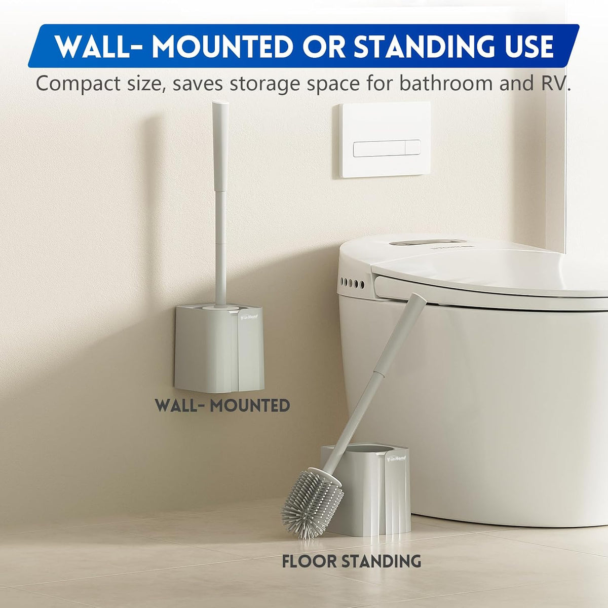 Y-in Hand Toilet Brush and Holder Set, Silicone Toilet Bowl Cleaner Brush Bristles, Bathroom and RV Cleaning Tools, Space Saving Toilet Scrubber, Wall Mountable. (Grey)