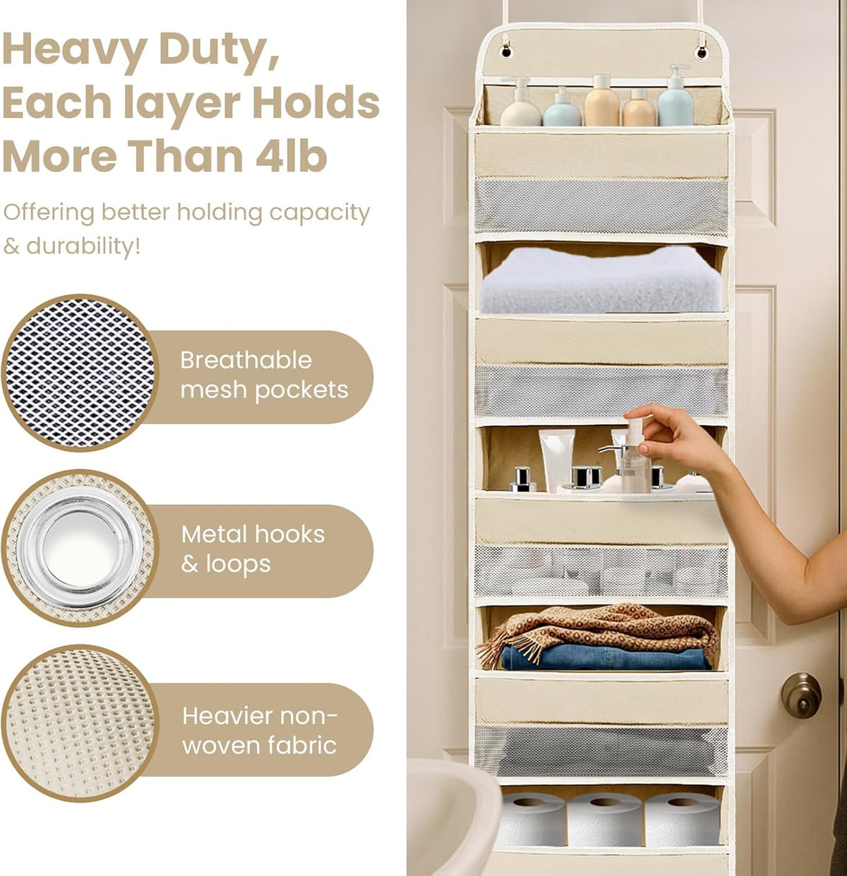 Over the Door Organizer 6 Shelves & 8 Pockets, Zippered Divider, Ivory