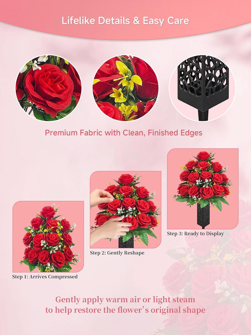 Mirevielyn 2-Pack Artificial Rose Cemetery Flowers with Spiked Vases