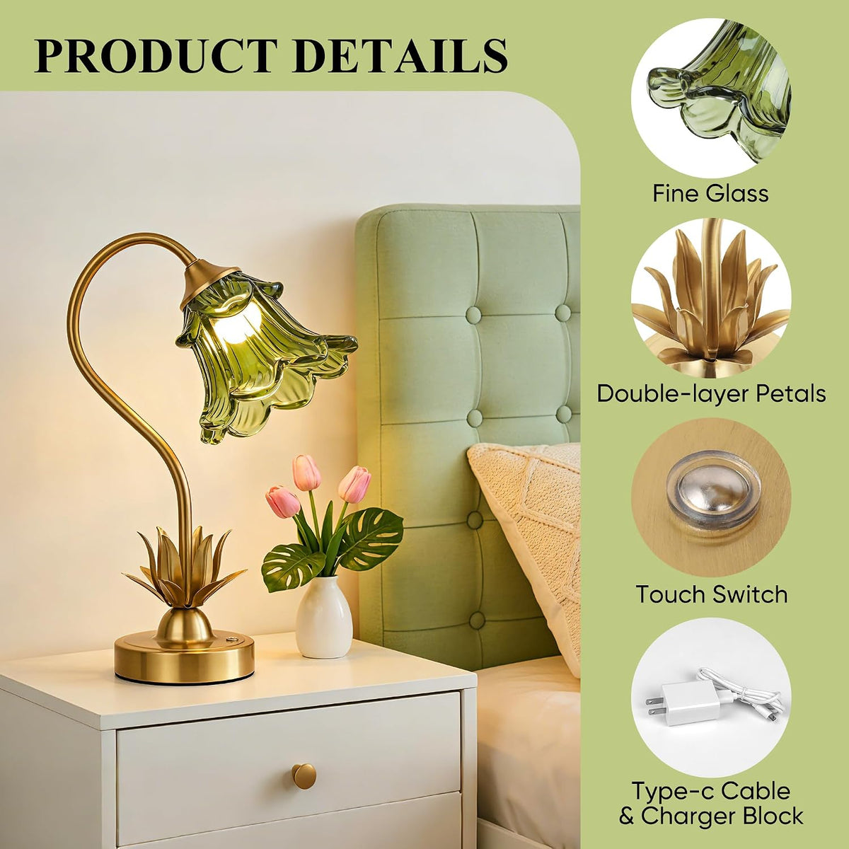 PARTPHONER Cordless Flower Table Lamp with Glass Lampshade, 5200mAh Rechargeable Battery, 3-Color Dimmable Touch Control, Portable Desk Lamp for Nightstand, Patio, Camping, Restaurant & Home, Green