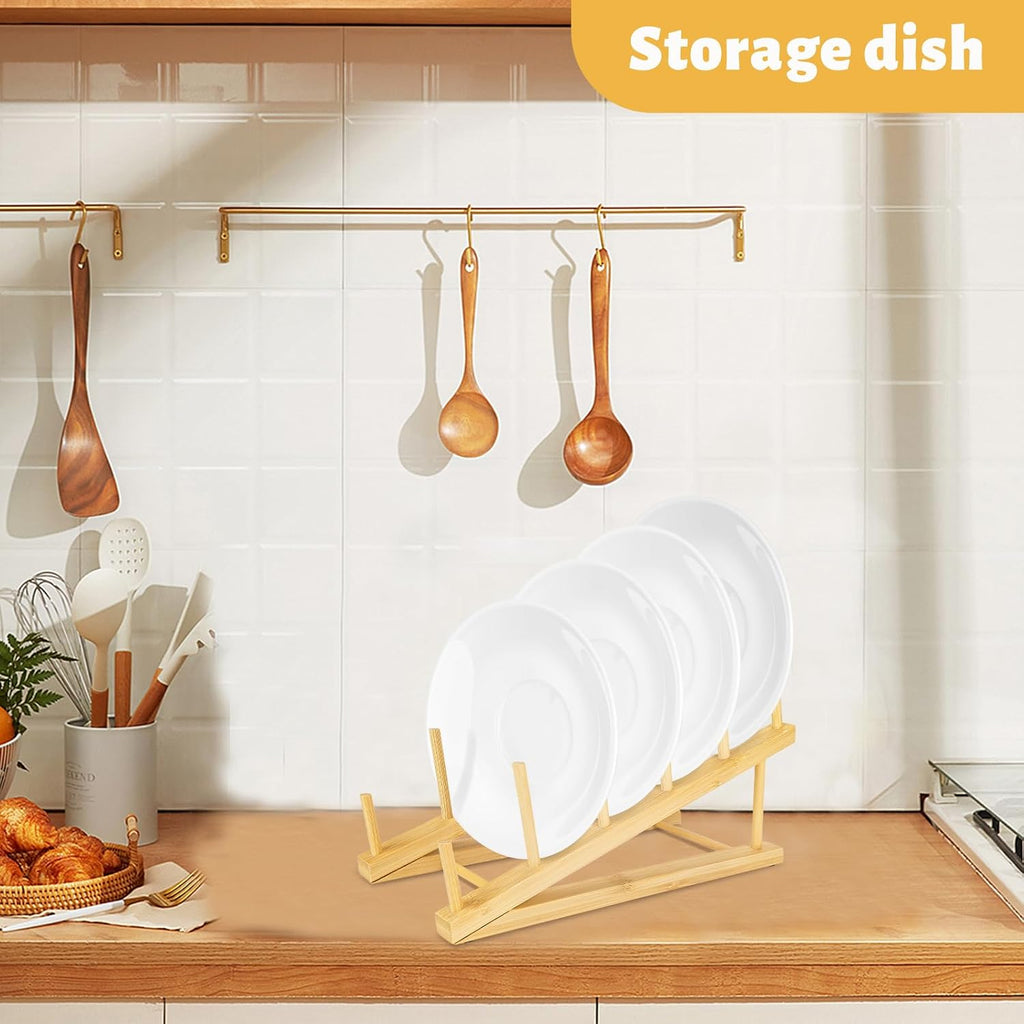 6 PCS Plate Stands for Display, Wooden Dish Drying Rack, 5-Tier Plate Holder Cabinet Organizer Craft Show Display Stands for Tabletop Book Artwork Photo Record Magazine and Platter