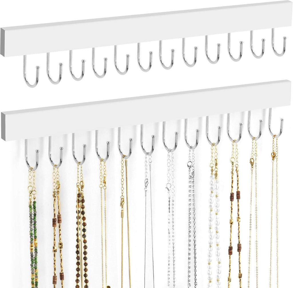 ZEDODIER 2 Pack Necklace Organizer Wall Mount, Wooden Jewelry Hanger Necklace Holder with 24 Hooks,Hanging Jewelry Organizer, White