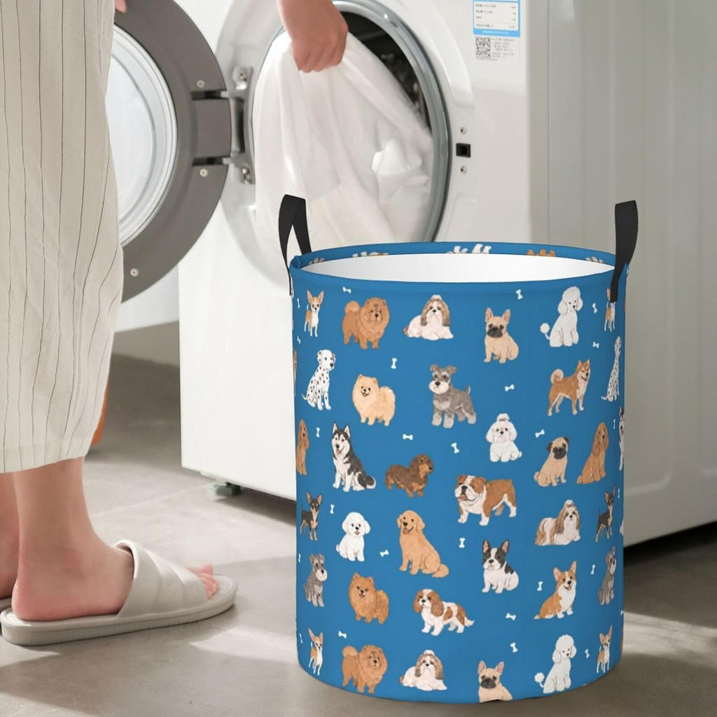 Cute Dog Animals Blue Round Laundry Hamper Storage Basket Toys Clothes Organizer Bin For Home Bathroom Bedroom Dorm Nursery, 38l