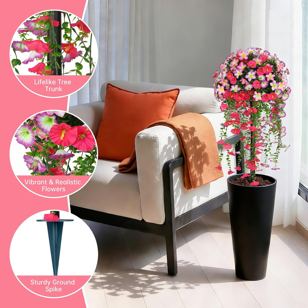 Yangrass 2PCS Fake Topiary Bushes with Pink Morning Glory Flowers,36"(3FT)