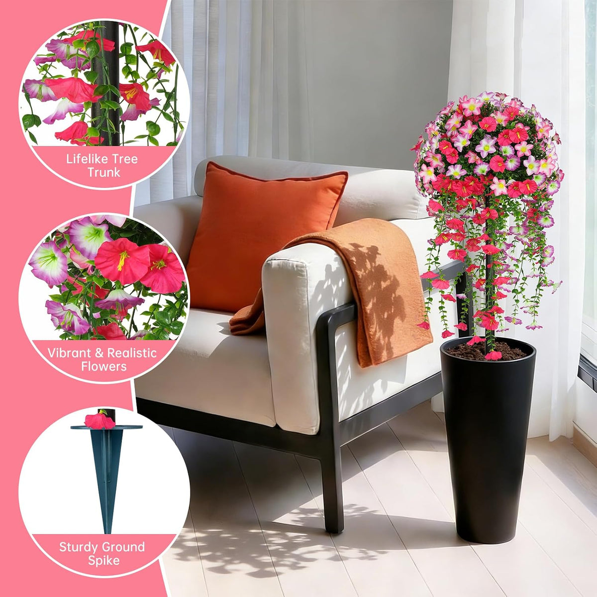 Yangrass 2PCS Fake Topiary Bushes with Pink Morning Glory Flowers,36"(3FT)