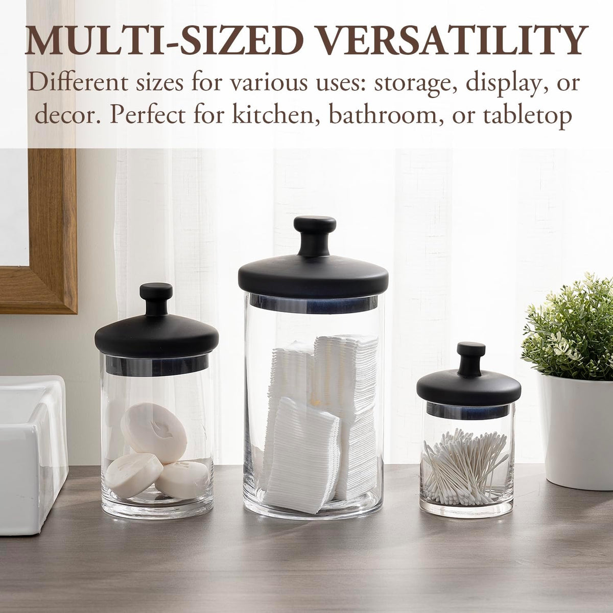MyGift Glass Apothecary Jars with Black Lids, Set of 3 Storage Canisters