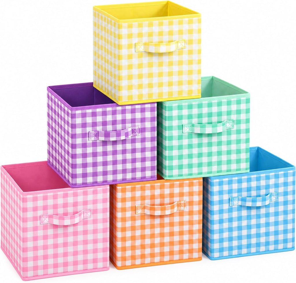 6 Pack 11 Inch Colorful Gingham Cube Storage Bins Fabric Checkered Basket
