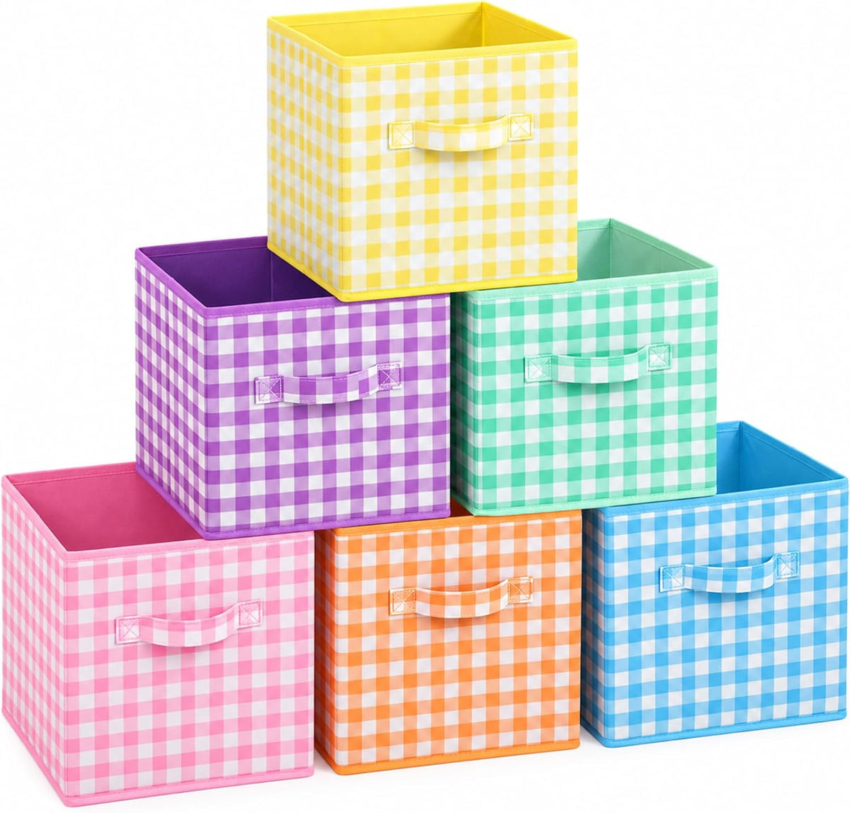 6 Pack 11 Inch Colorful Gingham Cube Storage Bins Fabric Checkered Basket
