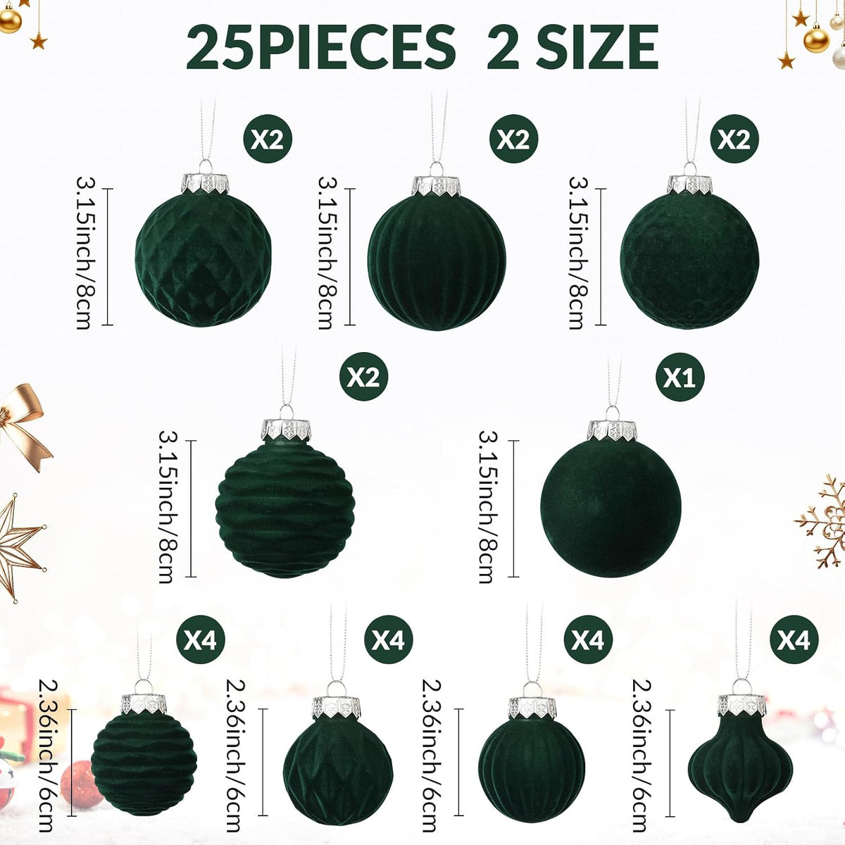 ZenNex 25Pack Velvet Xmas Ball Ornaments for Christmas Tree, Emerald Green