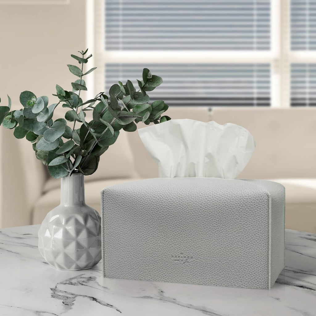 Carrotez Tissue Box Cover, [Refined] Modern PU Leather Rectangular Tissue Box Holder - Decorative Holder/Organizer for Bathroom Vanity Countertop, Night Stands, Office Desk 9.5"X5"X5" - Pastel Grey