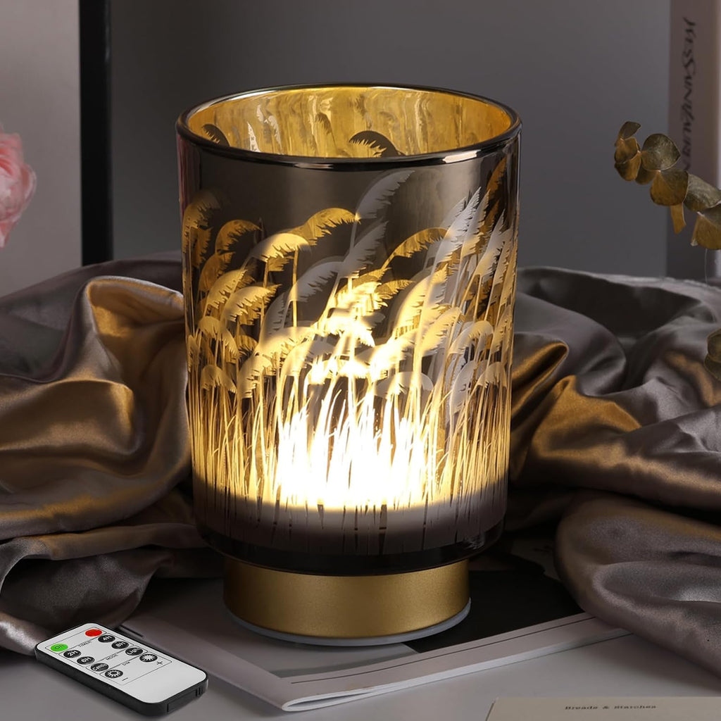 Eywamage Small Battery Operated Table Lamp with Remote Timer, Pampas Glass Cordless Accent Lamp for Bedroom Kitchen Living Room