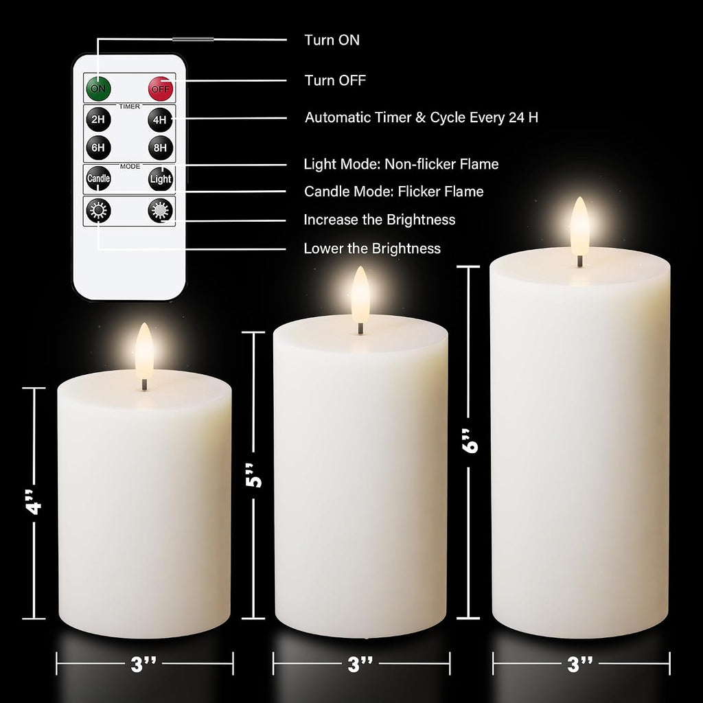 JOIONE White Flameless Pillar Candles with Remote, 3 Pack Home Decor