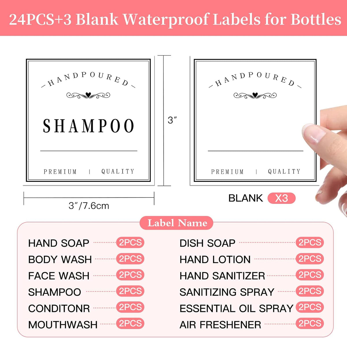 HVSWLY 27PCS Waterproof Lables for Bottles, Bathroom Hand Soap Shampoo and Conditioner Dispenser Label Stickers, Removable Bottle Labels for Mouthwash Body Lotion, with 3 Blank Labels (White)