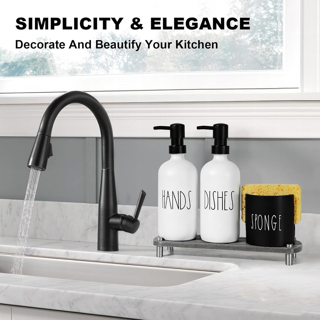 Hand and Dish Soap Dispenser Set, Kitchen Soap Dispenser Set with Sponge Holder, White Glass Dish Soap Dispenser for Kitchen with Pump, Instant Dry Tray, 17 fl oz Farmhouse Kitchen Decor
