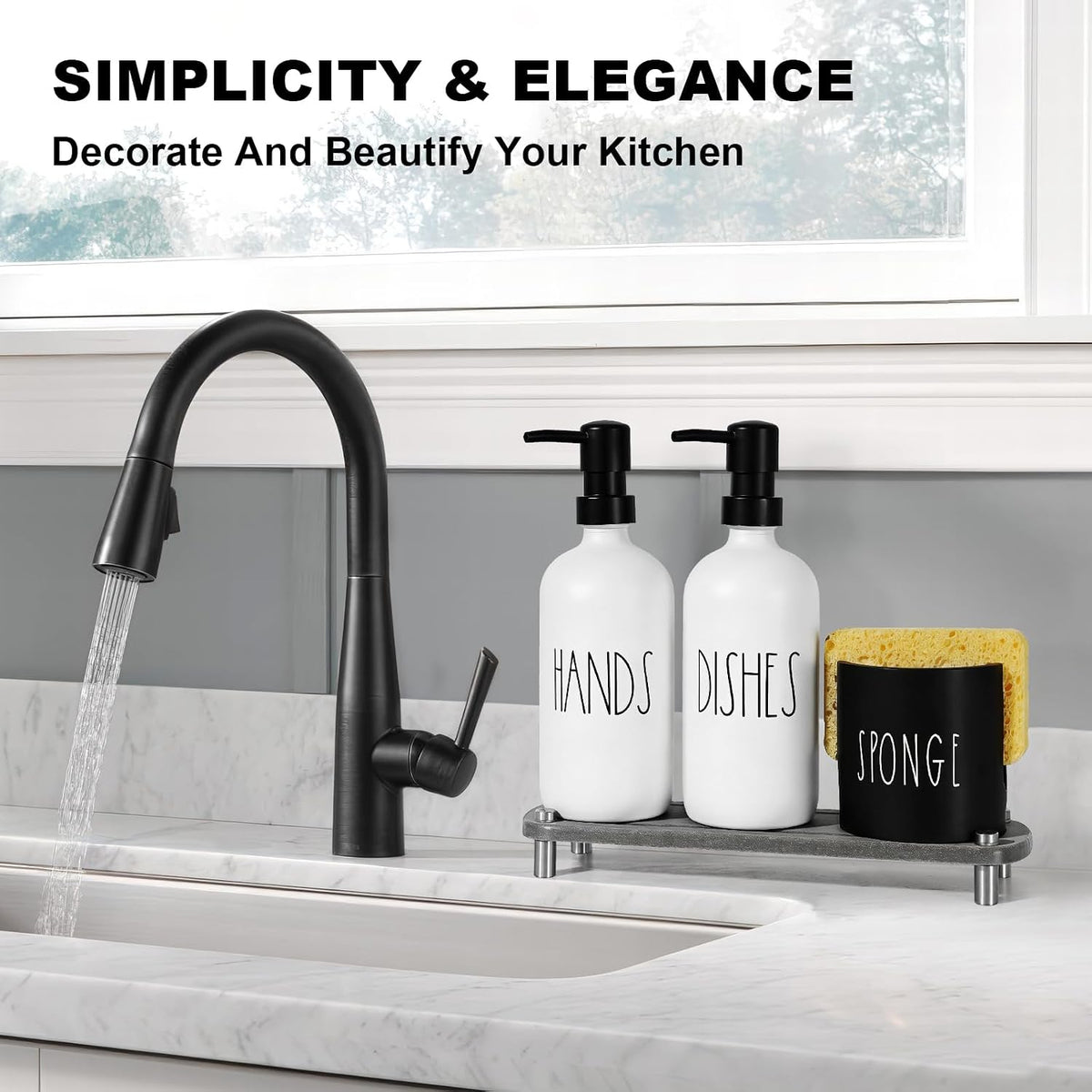 Hand and Dish Soap Dispenser Set, Kitchen Soap Dispenser Set with Sponge Holder, White Glass Dish Soap Dispenser for Kitchen with Pump, Instant Dry Tray, 17 fl oz Farmhouse Kitchen Decor