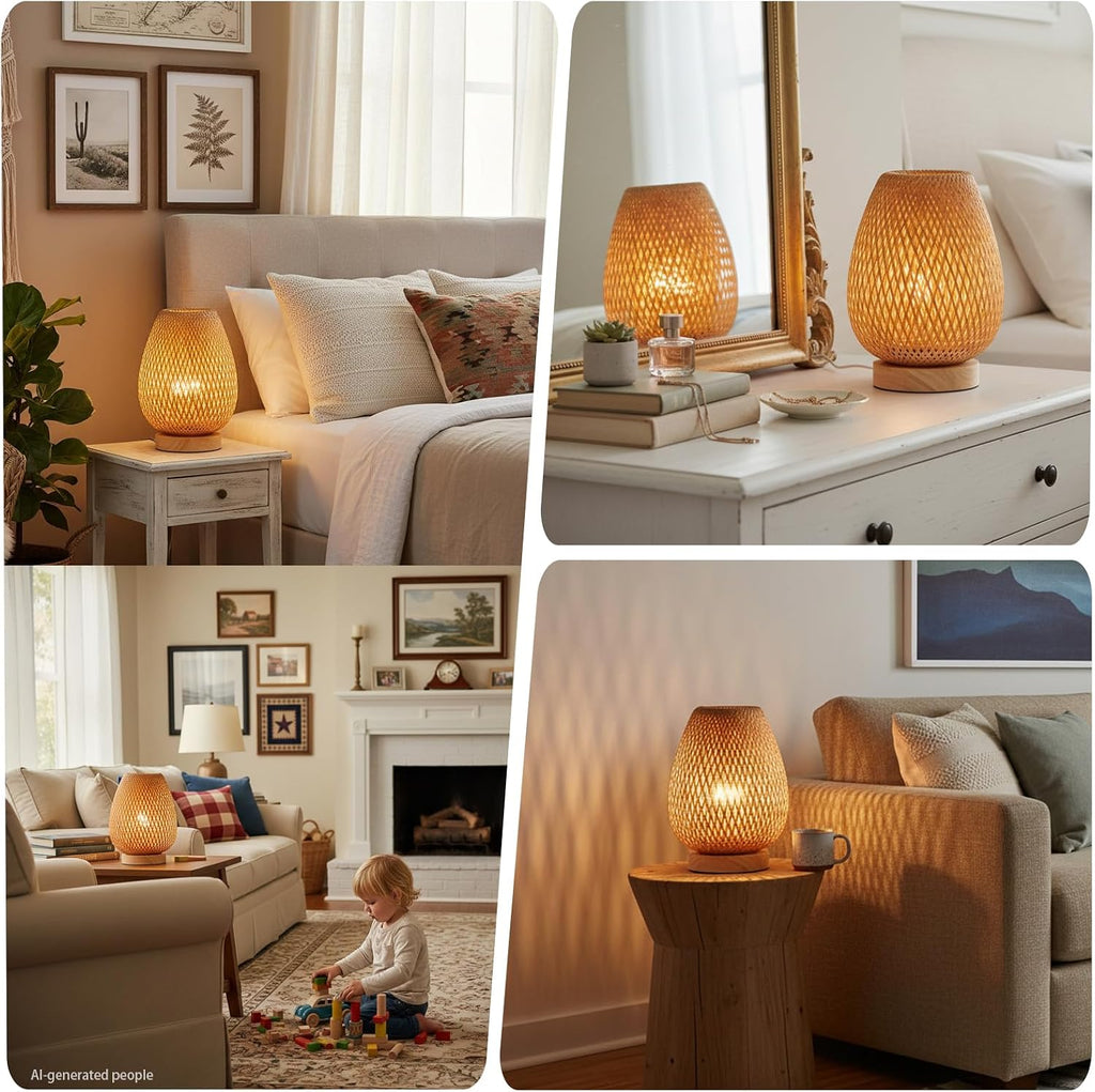 Bamboo Weaving Table Lamp with Handmade Natural Wooden Base, Eye-Caring Bedroom Bedside Night Light, Retro Desk Lamp Reading Light Home Decor, Unique Handicraft House Warmging Gift