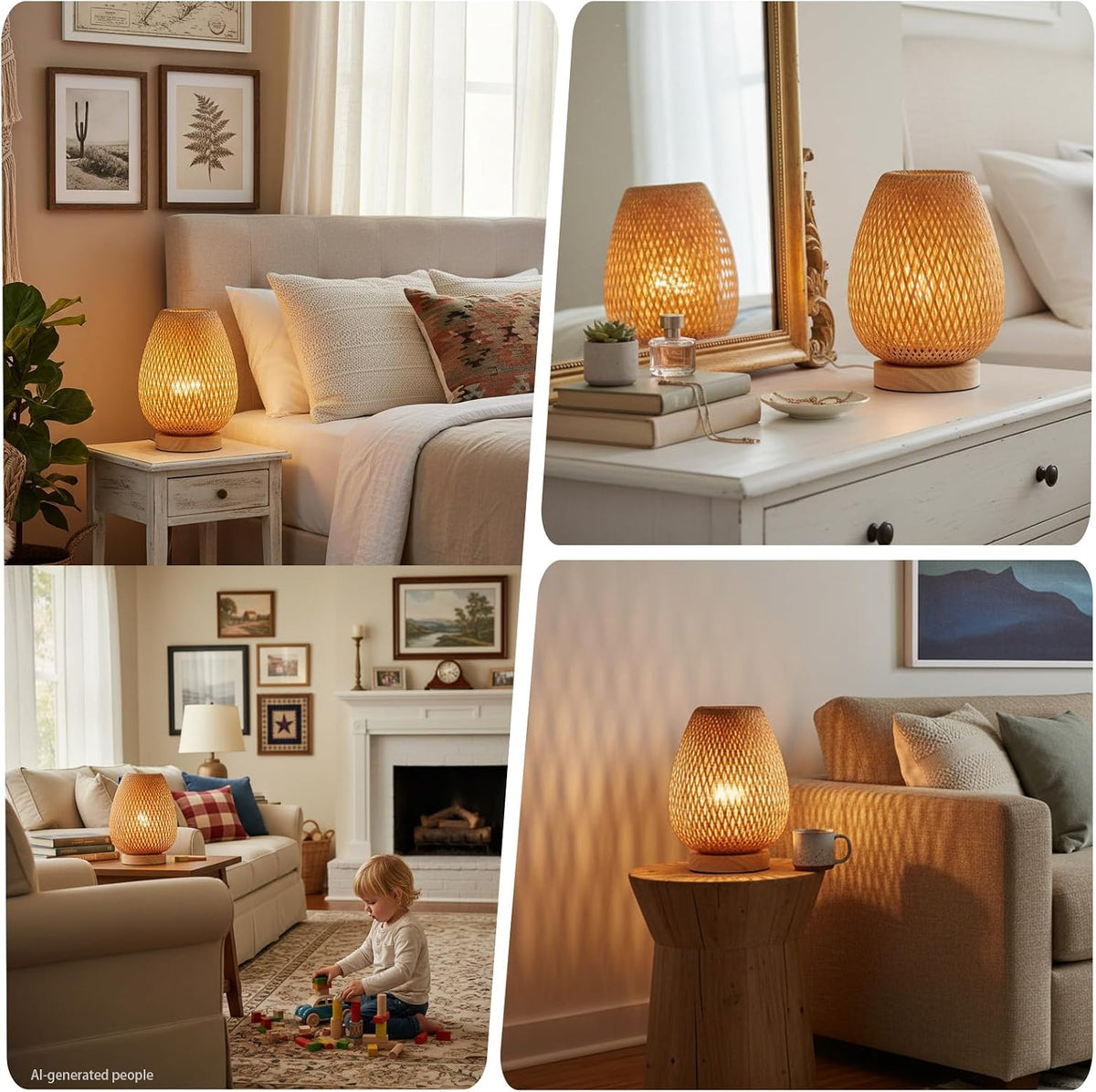 Bamboo Weaving Table Lamp with Handmade Natural Wooden Base, Eye-Caring Bedroom Bedside Night Light, Retro Desk Lamp Reading Light Home Decor, Unique Handicraft House Warmging Gift