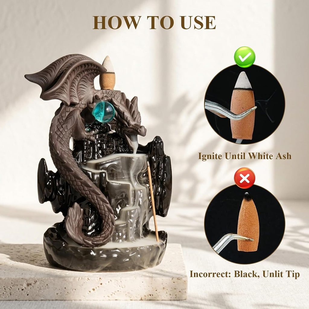 Ceramic Backflow Incense Holder Waterfall Burner, Dragon Design