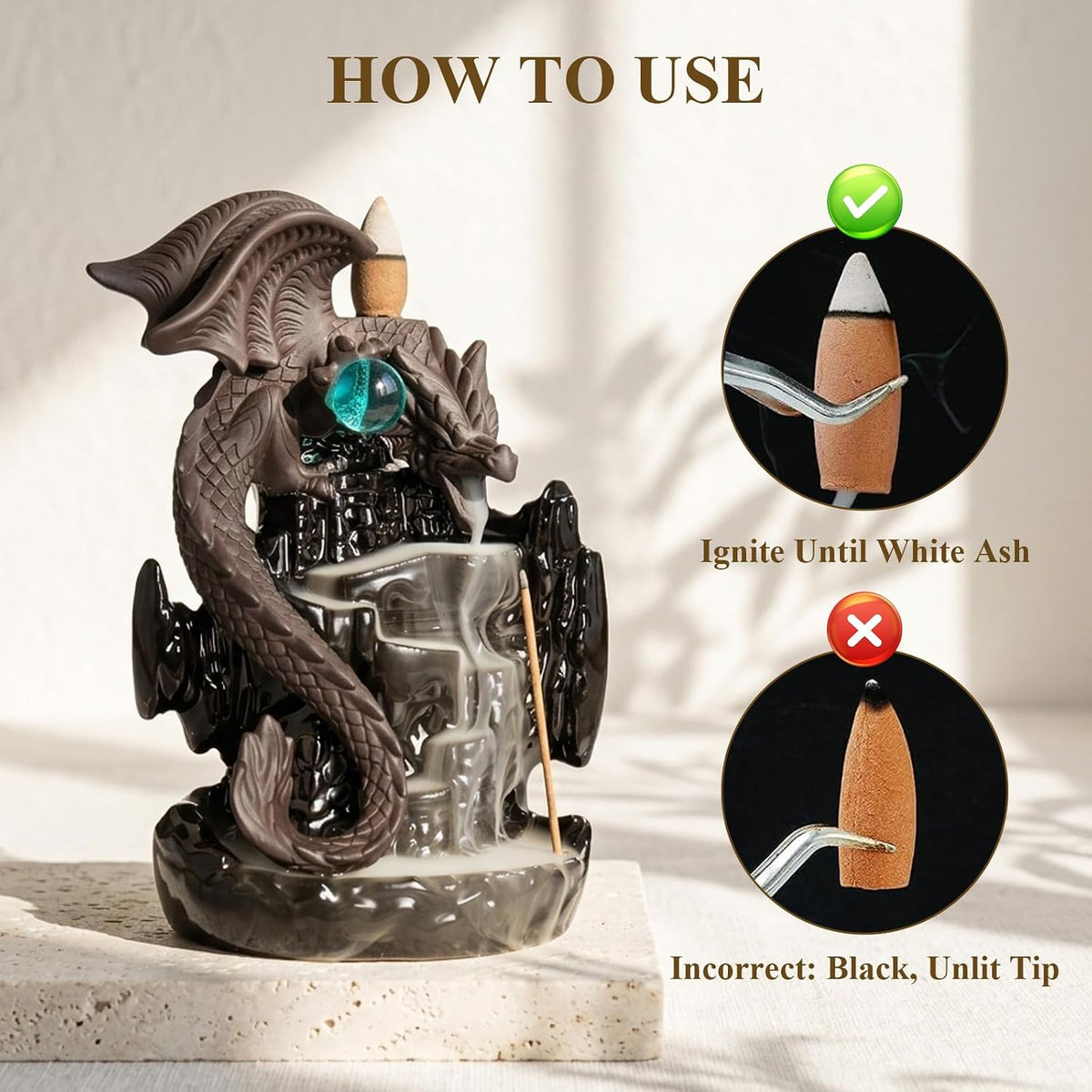 Ceramic Backflow Incense Holder Waterfall Burner, Dragon Design