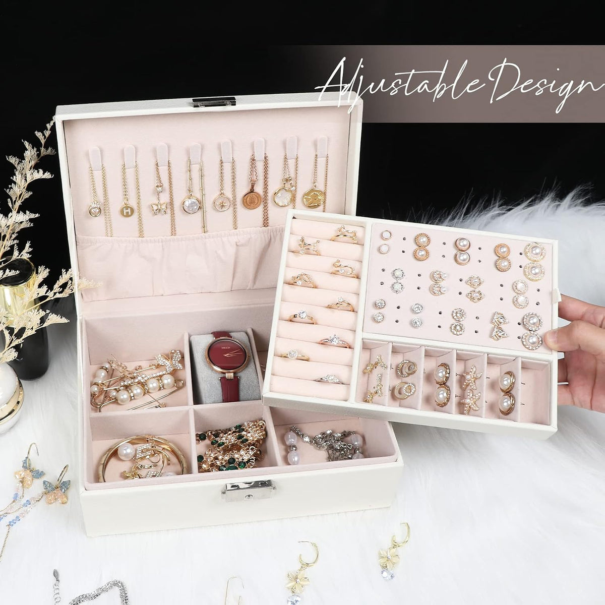 Jewelry Box for Women Girls, 2 Layers Jewelry Organizer Container with Lock, PU Leather Storage Case with Removable Tray, Jewelry Display Box for Necklaces Earrings Bracelets Rings Watches - White