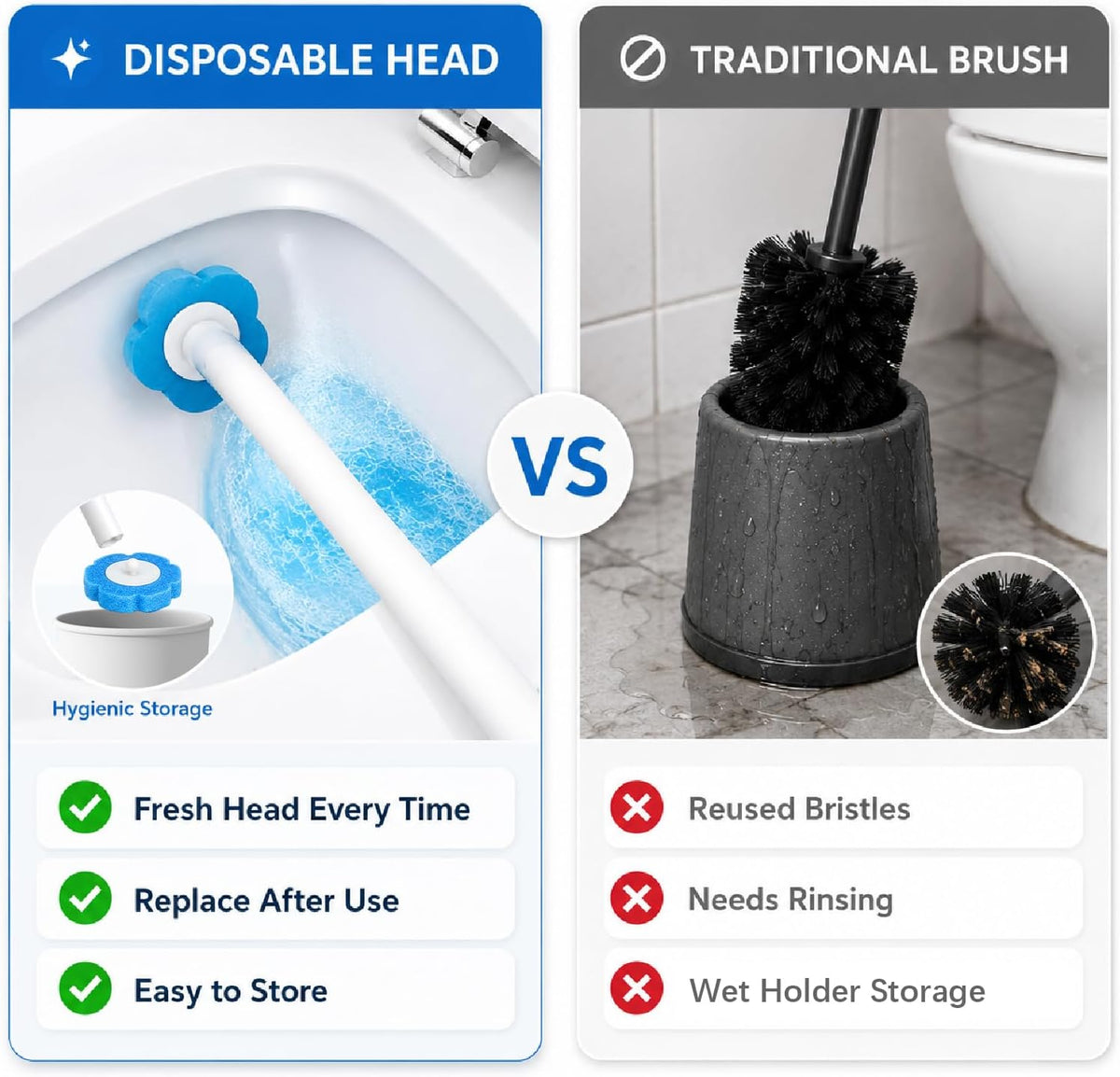 Disposable Toilet Brush with 42 Blue Refills, Toilet Bowl Cleaner Brush with Holder, Wall Mounted Toilet Wand Kit, Deep Cleaning Disposable Scrub Brush Heads