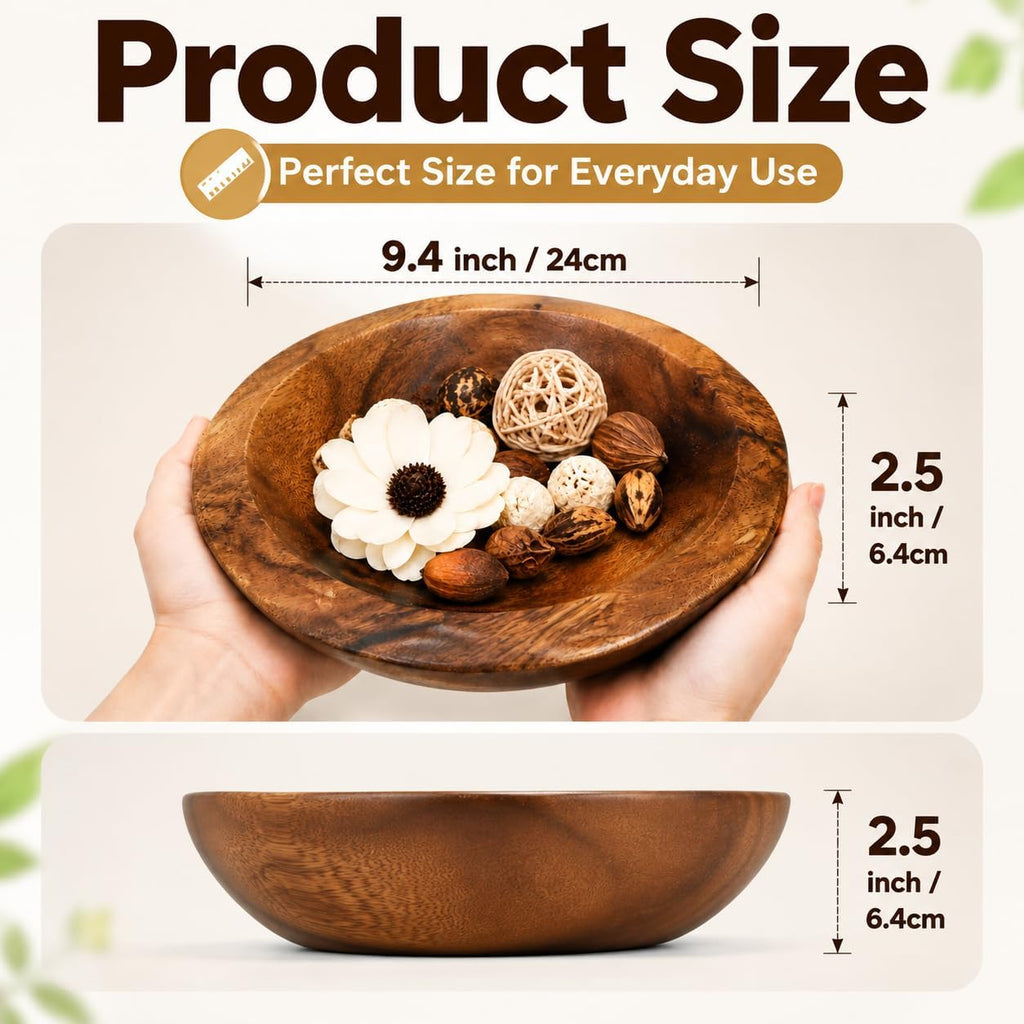 ZENFUN Wooden Decorative Bowl, Wood Round Serving Bowl, Walnut Tray Dish Kitchen Dining for Fruits, 9.4" Diameter x 2.5" Height, Seamless