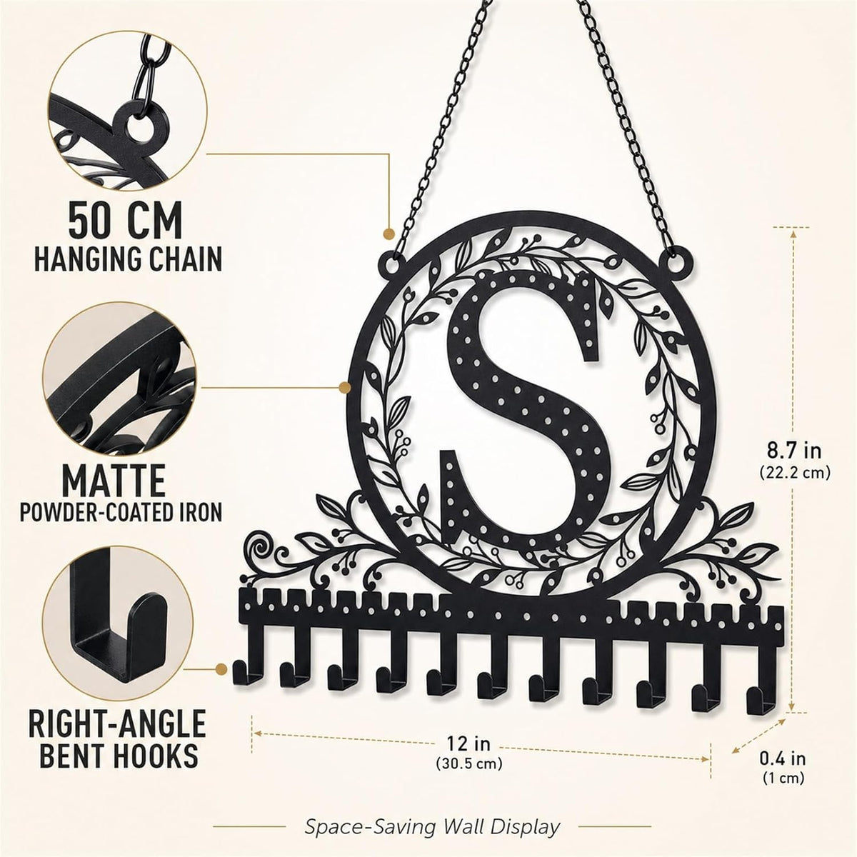 Personalized Wall Mounted Metal Initial Letter S Earring Holder Jewelry Organizer for Earrings and Necklaces Space Saving Wall Display with Hooks Jewelry Storage Bedroom Vanity Gift for Women