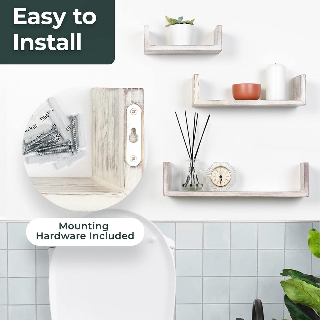 Greenco Set of 3 Floating “U” Shelves, Easy-to-Assemble Floating Wall Mount Shelves for Bedrooms and Living Rooms, Rustic Finish (Pack of 2)