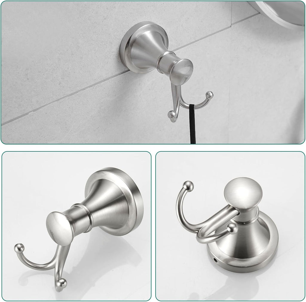 Hoimpro Brushed Nickel 4-Piece Bathroom Bath Set, Wall Mount Bathroom Hardware Fixture (Adjustable Towel Bar Rack, Towel Ring Holder, Paper Towel Holder, Double Towel Hook), Bathroom Accessories