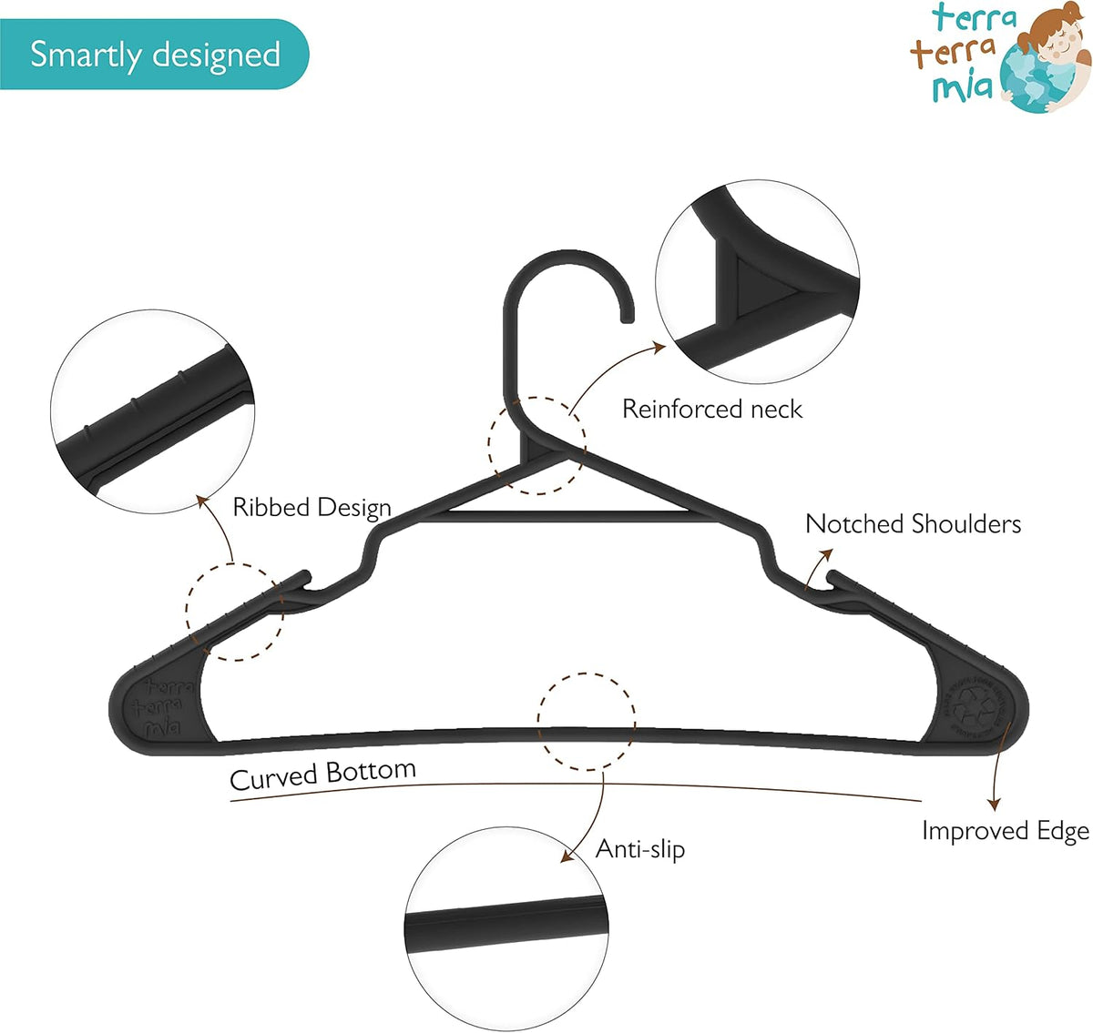 Eco-Friendly Slim Clothing Hangers for Light-Weight (Max 1lb) Clothes Made from 100% Recycled Post Consumer Plastic (Black/Grey, 20 Pack)