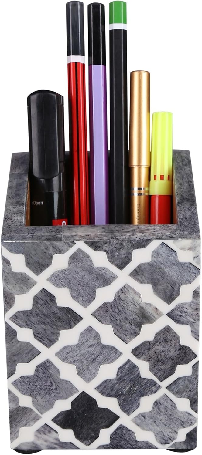 Handicrafts Home Bone Inlay Pen & Pencil Holder Slate Desk Organizer, 3x3x4