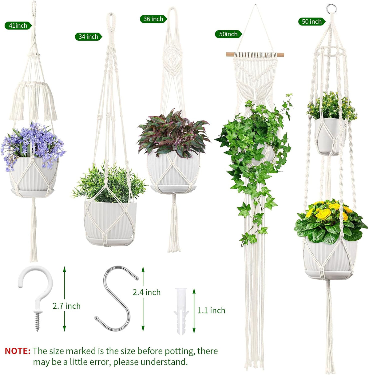 Macrame Plant Hangers 5Pack, Handmade Cotton Rope Hanging Planters