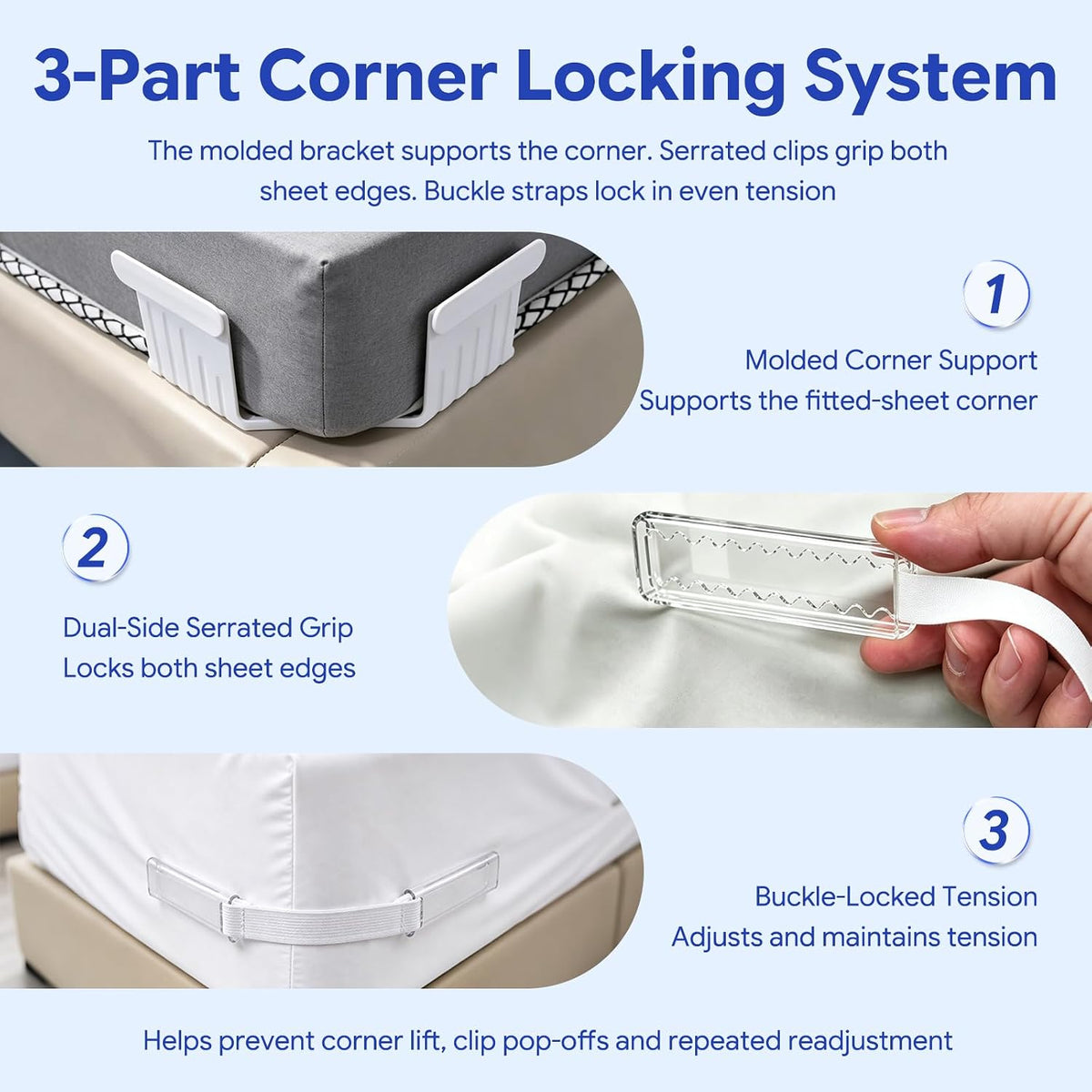 Lock Bed Sheet Holders for Corners: 0 Slips All Night for Fitted Sheets