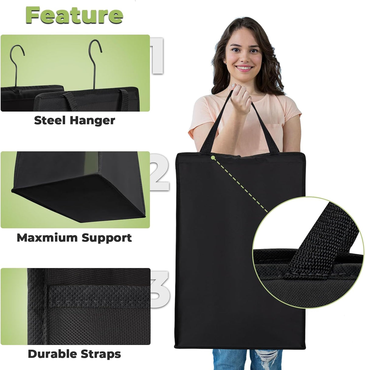 FENTEC 1 Pack Black Hanging Laundry Hamper，Laundry Hamper Bag with Handles
