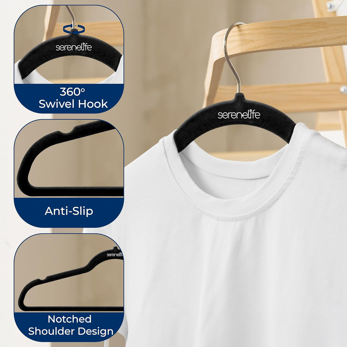 SereneLife 50-Pack Velvet Non-Slip Hangers – Slim Heavy Duty Clothes Hangers with 360° Swivel Hooks, Space-Saving Design, Lightweight & Durable Coat Hanger Set for Closet Organization (Black)