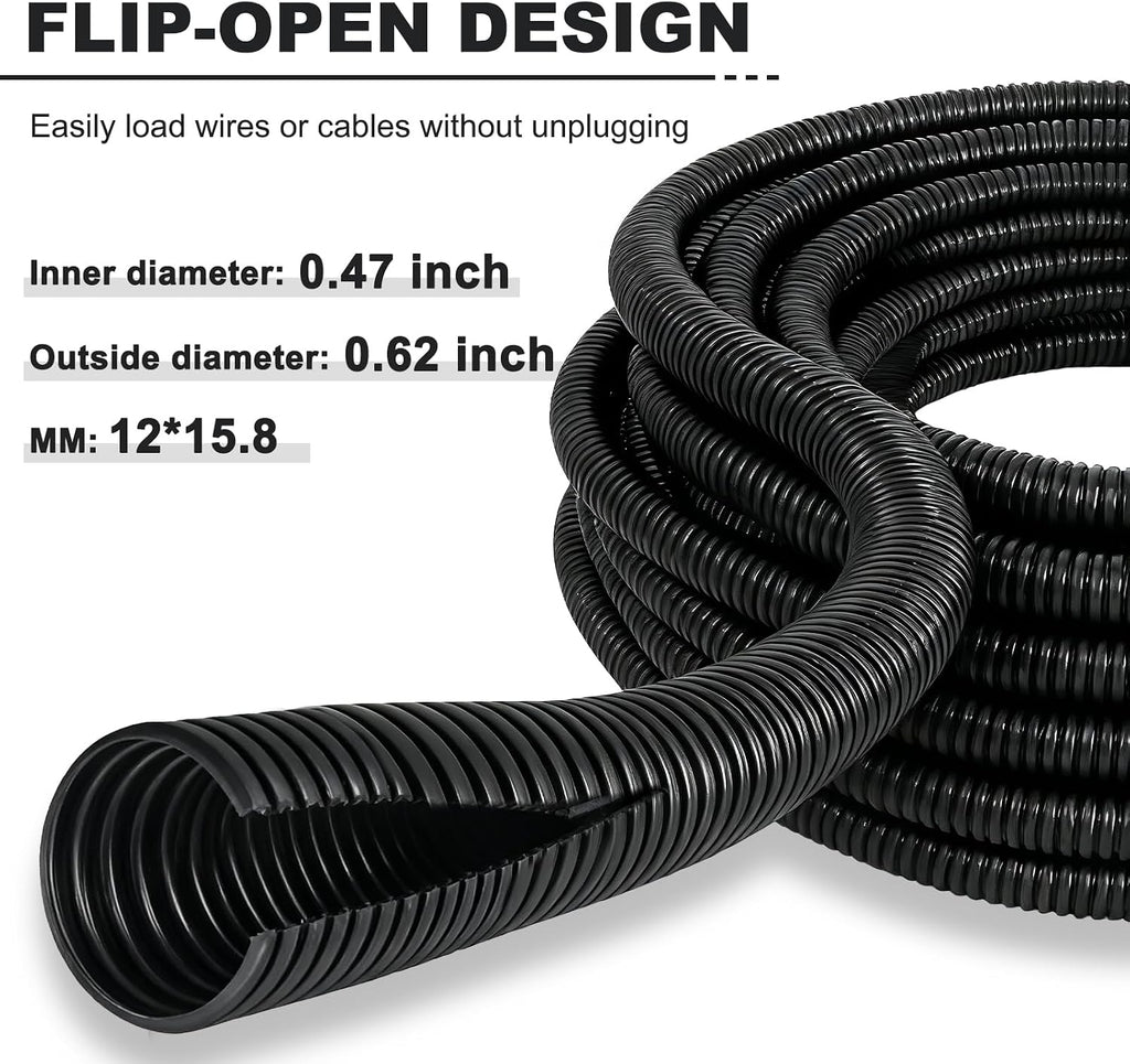 30FT 1/2 inch Split Wire Loom Tubing Kit with 2 Clamps - Flexible Abrasion Resistant Conduit for Automotive, Mechanical Cable Protection