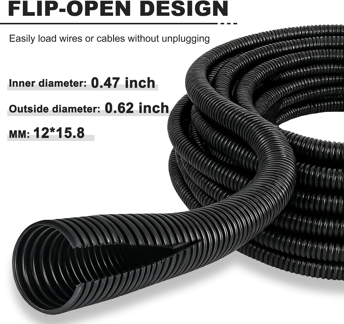 30FT 1/2 inch Split Wire Loom Tubing Kit with 2 Clamps - Flexible Abrasion Resistant Conduit for Automotive, Mechanical Cable Protection