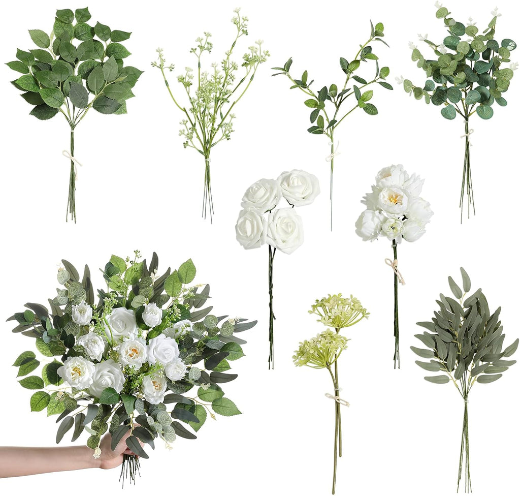 Artificial Wedding Greenery Filler Box Set 50Pcs with 8 Kinds Fake Greenery Stems for Centerpiece and Floral Arrangement Greenery Bouquet Filler(White Green)