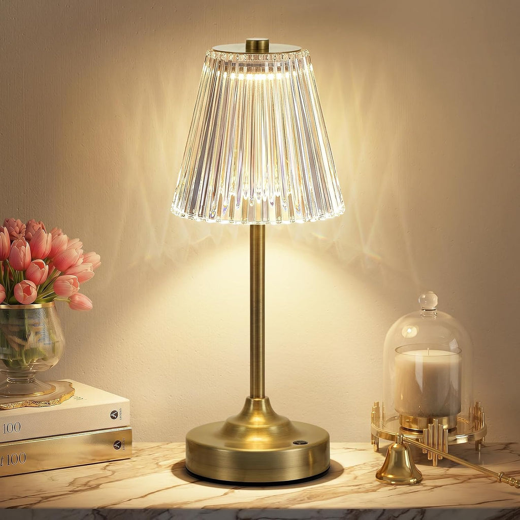 Bronze Cordless Rechargeable Table Lamp, Touch Battery Powered Lamp, 3 Color Modes, Crystal Acrylic Lampshade, Portable Ambient Night Light for Desk, Bedroom, Living Room, Dining Room, Kitchen, Bar