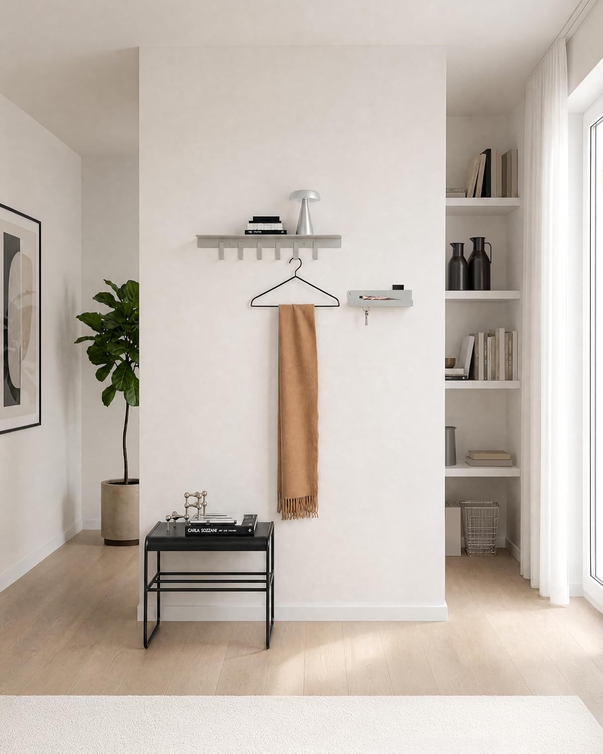 Kazai. Key Holder for Wall 'Holmsen' | Minimalist Key Hooks Design from Berlin | Modern Key Hanger with Metal Shelf | Key Hook Wall Mounted as Hallway Furniture | Silk Gray
