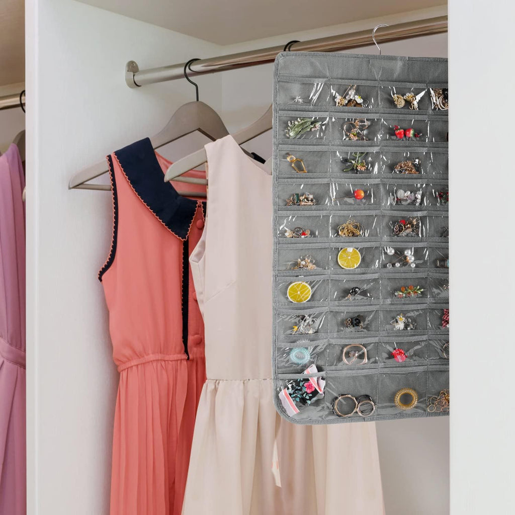 Bloss Hanging Jewelry Organizer, Earring Organizer Double Sided 80 Pocket Jewelry Chain Storage Bag 2 Layer of Fabric Jewelry Holder for Necklace Bracelet - Gray