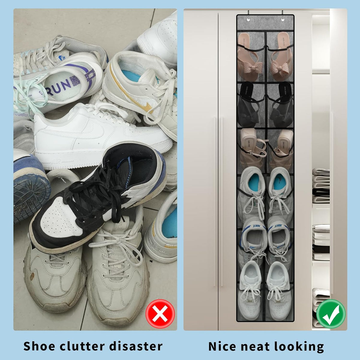 MSLOVE Narrow Over The Door Shoe Organizer, 12 Large Mesh Pockets Hanging Shoe Organizer for Closet Organizers and Storage, Grey, 2 Pack