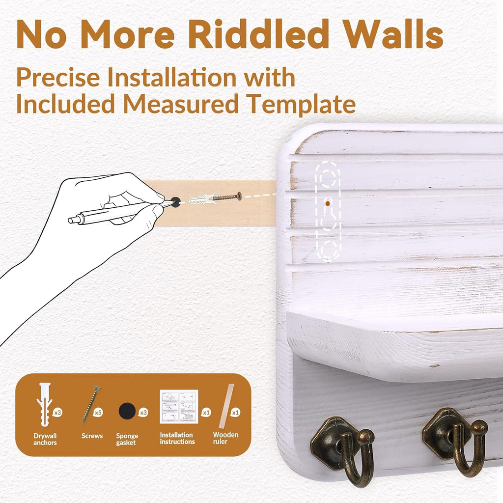 Key Holder for Wall, Mail Organizer Wall Mount with 8 Hooks Wooden Hanging Key Rack for Home Decor, Hallway, Entryway (Vintage White)
