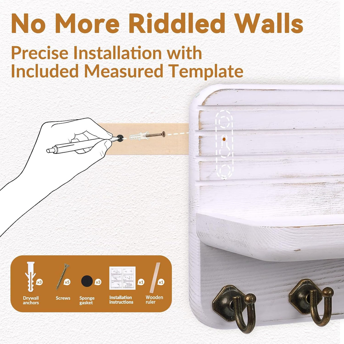 Key Holder for Wall, Mail Organizer Wall Mount with 8 Hooks Wooden Hanging Key Rack for Home Decor, Hallway, Entryway (Vintage White)